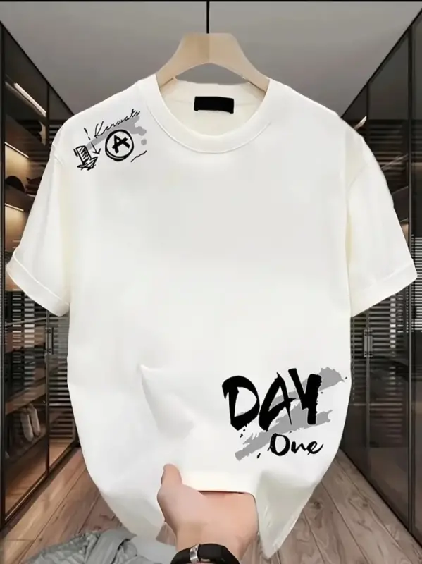 Baskılı Oversize Bisiklet Yaka T-shirt - Beyaz - BÜYÜKBEDENIZ