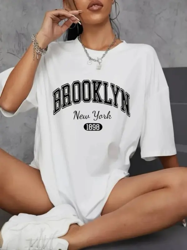 Baskılı Oversize Bisiklet Yaka T-shirt - Beyaz - BÜYÜKBEDENIZ