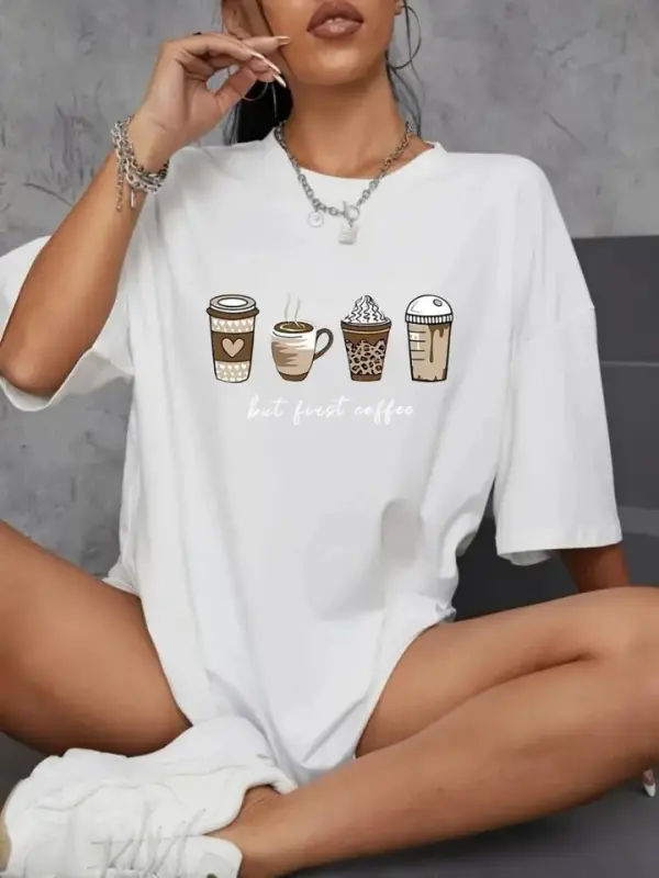 Baskılı Oversize Bisiklet Yaka T-shirt - Beyaz - BÜYÜKBEDENIZ