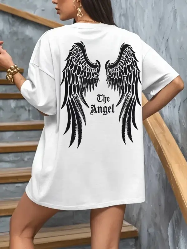 Baskılı Oversize Bisiklet Yaka T-shirt - Beyaz - BÜYÜKBEDENIZ