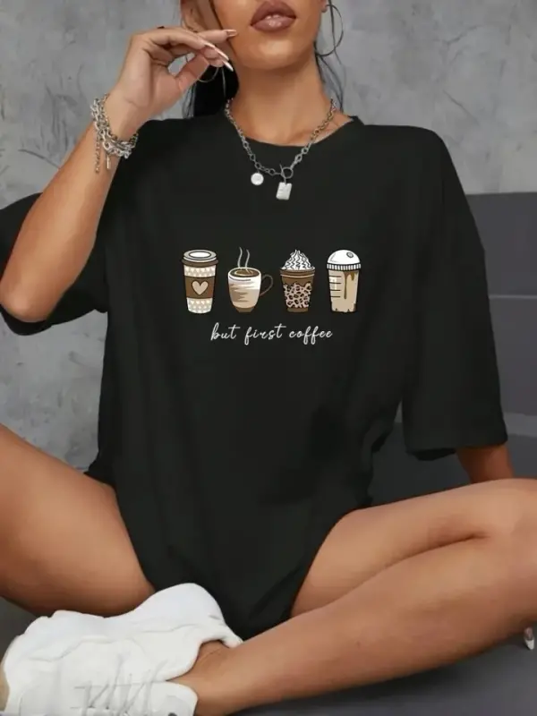 Baskılı Oversize Bisiklet Yaka T-shirt - Siyah - BÜYÜKBEDENIZ