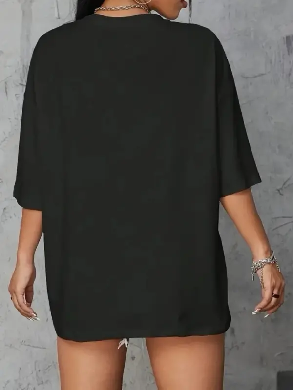 Baskılı Oversize Bisiklet Yaka T-shirt - Siyah - 4