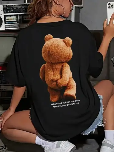 Baskılı Oversize Bisiklet Yaka T-shirt - Siyah - 1