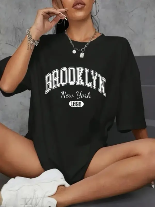 Baskılı Oversize Bisiklet Yaka T-shirt - Siyah - BÜYÜKBEDENIZ
