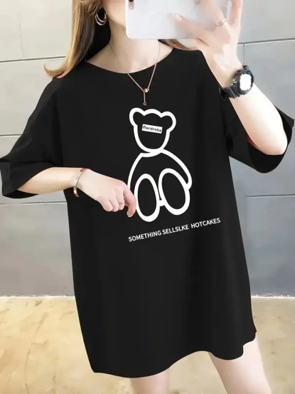 Baskılı Oversize Bisiklet Yaka T-shirt - Siyah - BÜYÜKBEDENIZ