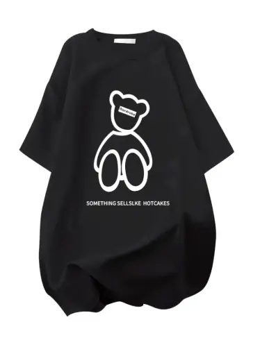 Baskılı Oversize Bisiklet Yaka T-shirt - Siyah - BÜYÜKBEDENIZ (1)