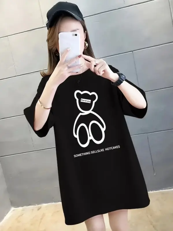 Baskılı Oversize Bisiklet Yaka T-shirt - Siyah - 4