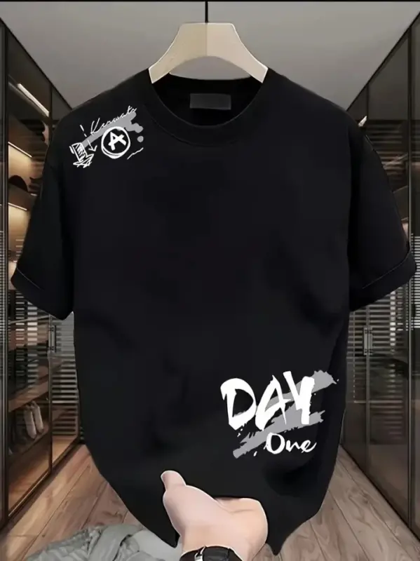 Baskılı Oversize Bisiklet Yaka T-shirt - Siyah - BÜYÜKBEDENIZ