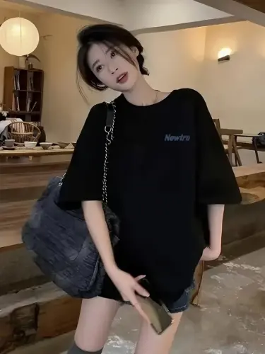Baskılı Oversize Bisiklet Yaka T-shirt - Siyah - BÜYÜKBEDENIZ (1)