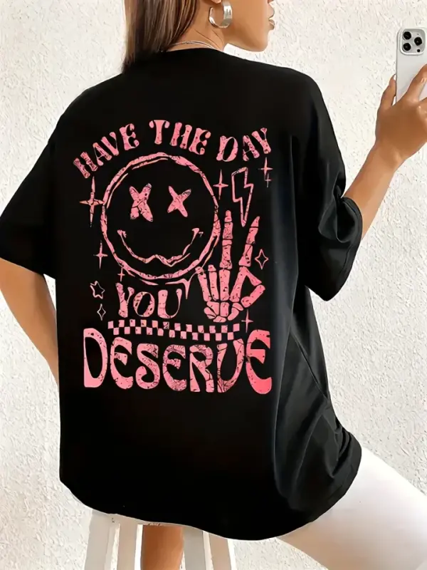 Baskılı Oversize Bisiklet Yaka T-shirt - Siyah - BÜYÜKBEDENIZ