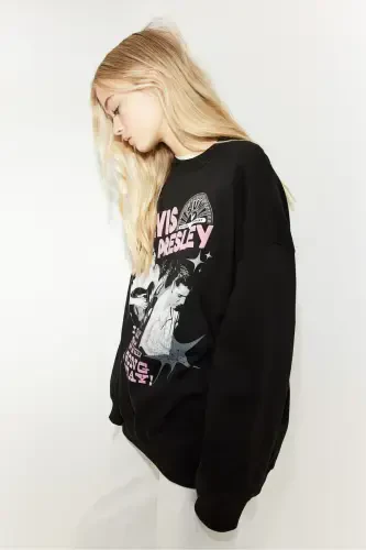 Baskılı Oversize Sweatshirt-Siyah/Elvis Presley - 5