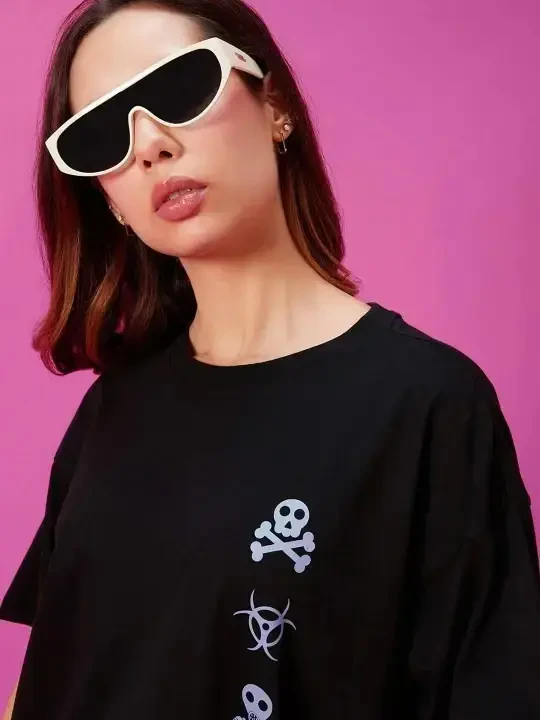 Baskili Oversize T-shirt - Qora - 3