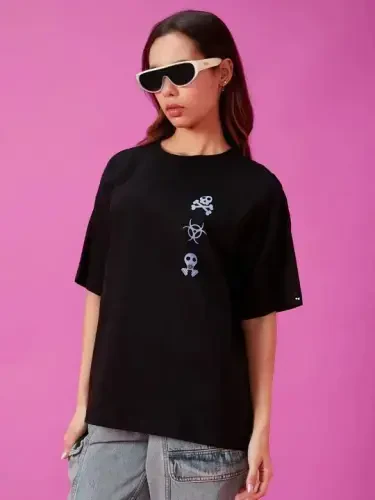 Baskılı Oversize T-shirt - Siyah - 1
