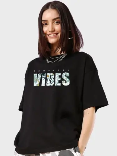 Baskılı Oversize T-shirt - Siyah - 1