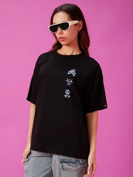 Baskılı Oversize T-shirt - Siyah - BÜYÜKBEDENIZ