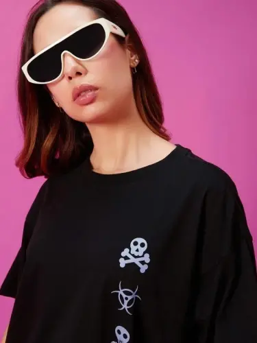 Baskılı Oversize T-shirt - Siyah - 3