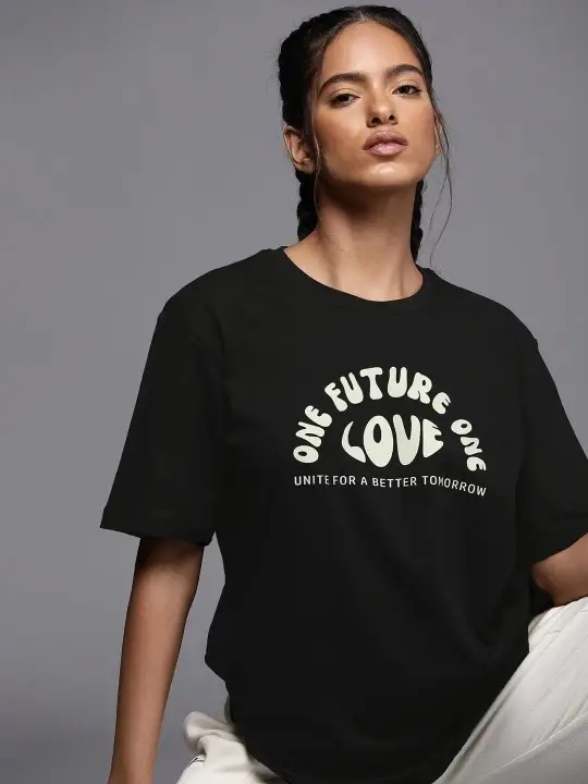 Baskılı Oversize T-shirt - Siyah - BÜYÜKBEDENIZ