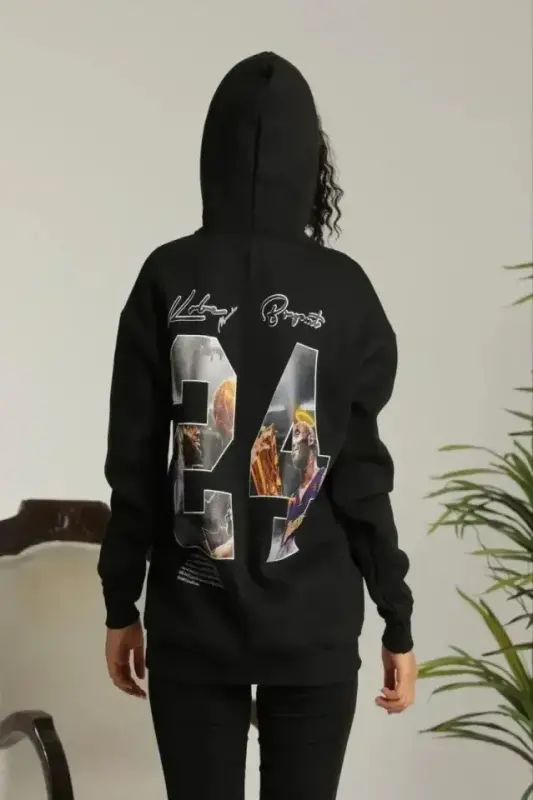 Baskılı Oversize Üç İplik Kapüşonlu Sweatshirt - Siyah - BÜYÜKBEDENIZ