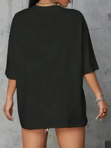 Baskili Oversize Velosiped Yoqali T-ko'ylak - Qora - 4