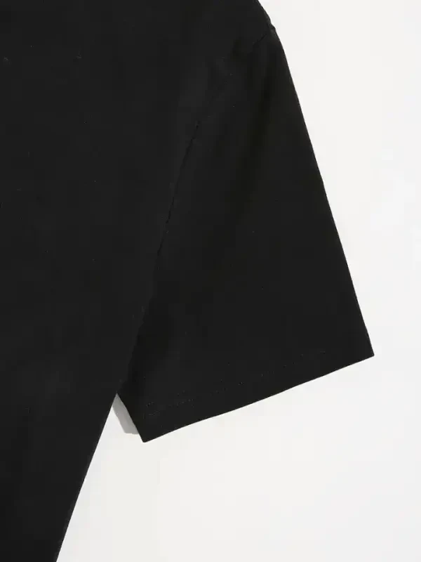 Baskili Oversize Velosiped Yoqali T-shirt - Qora - 4