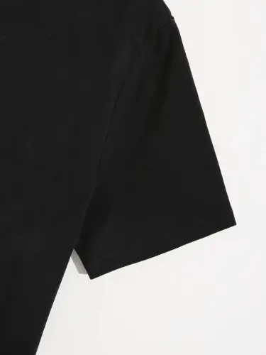 Baskili Oversize Velosiped Yoqali T-shirt - Qora - 4