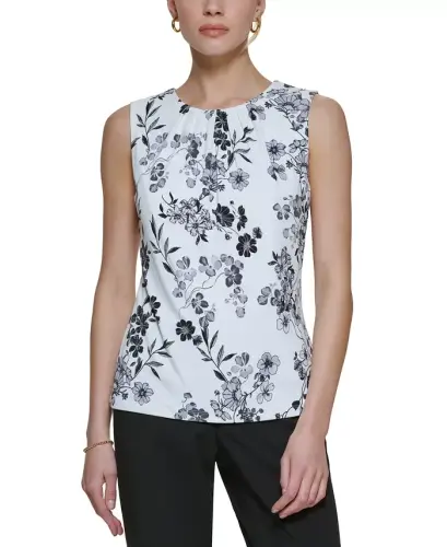 Printed Pleat-Neck Blouse, Regular and Petite Sizes 