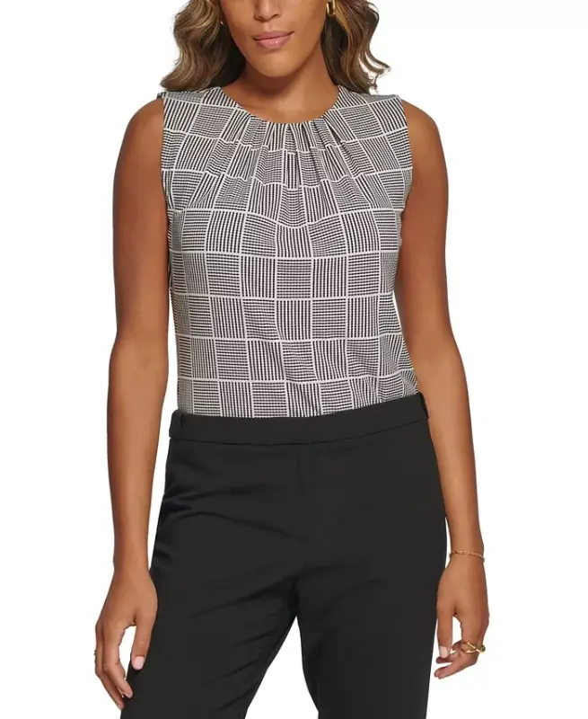 Printed Pleat-Neck Blouse, Regular and Petite Sizes-Black Cream - CALVIN KLEIN