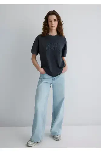 Baskılı Siyah Tişört Loose Fit / Bol Rahat Kesim 1613224-900-Siyah - Mavi (1)