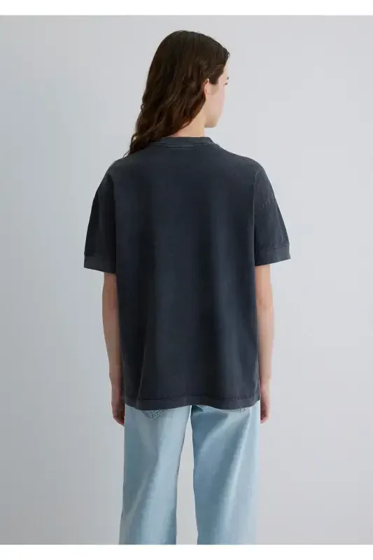 Baskılı Siyah Tişört Loose Fit / Bol Rahat Kesim 1613224-900-Siyah - 4