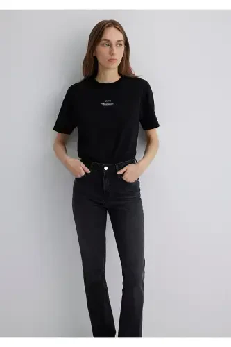 Baskılı Siyah Tişört Loose Fit / Bol Rahat Kesim 1613212-900 - 3