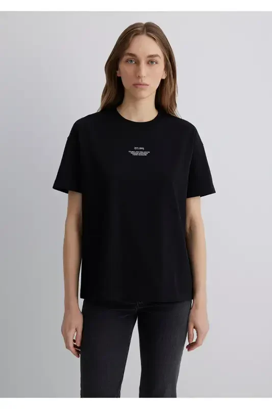 Baskılı Siyah Tişört Loose Fit / Bol Rahat Kesim 1613212-900 - 4