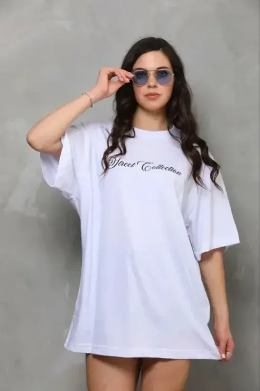 Baskılı T-Shirt Kısa Kol Bisiklet Yaka Regular Rahat Kalıp Günlük Tişört - Beyaz - BÜYÜKBEDENIZ