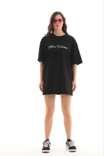 Baskılı T-Shirt Kısa Kol Bisiklet Yaka Regular Rahat Kalıp Günlük Tişört - Siyah - BÜYÜKBEDENIZ (1)