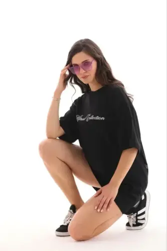 Baskılı T-Shirt Kısa Kol Bisiklet Yaka Regular Rahat Kalıp Günlük Tişört - Siyah - 3