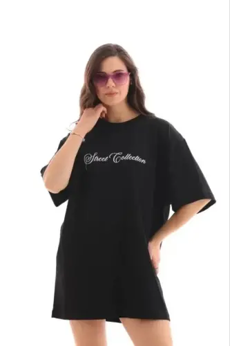 Baskılı T-Shirt Kısa Kol Bisiklet Yaka Regular Rahat Kalıp Günlük Tişört - Siyah - 1