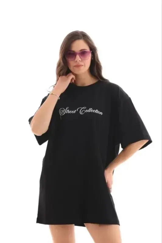 Baskılı T-Shirt Kısa Kol Bisiklet Yaka Regular Rahat Kalıp Günlük Tişört - Siyah - 1
