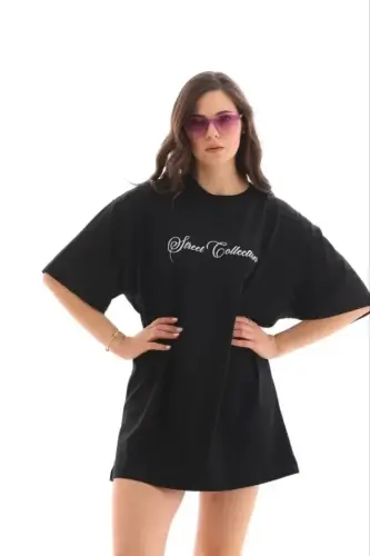 Baskılı T-Shirt Kısa Kol Bisiklet Yaka Regular Rahat Kalıp Günlük Tişört - Siyah - 4