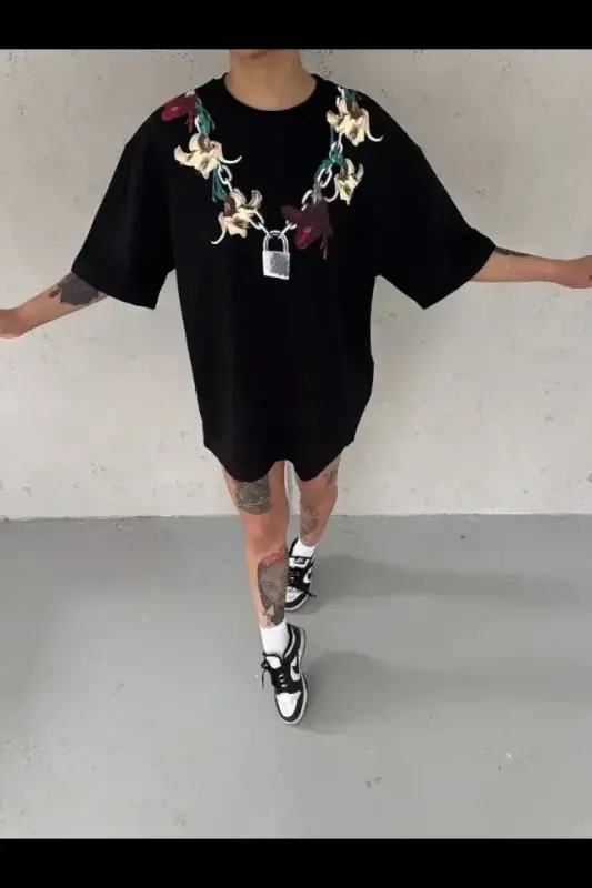 Baskılı T-Shirt Kısa Kol Bisiklet Yaka Regular Rahat Kalıp Günlük Tişört - Siyah - 2