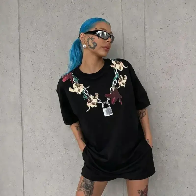 Baskılı T-Shirt Kısa Kol Bisiklet Yaka Regular Rahat Kalıp Günlük Tişört - Siyah - 3