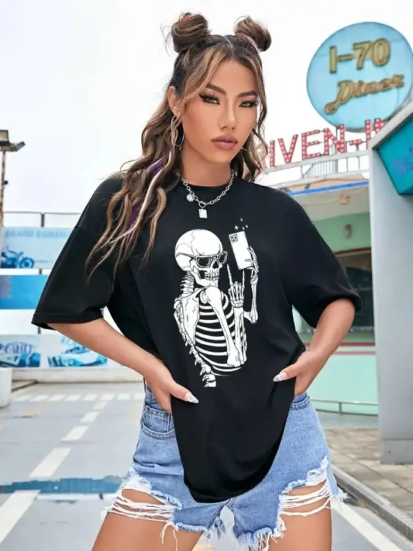 Baskılı T-shirt - Siyah - BÜYÜKBEDENIZ