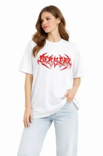 Baskılı T-Shirt Yazlık Kısa Kol Bisiklet Yaka Rahat Kalıp Tişört - Beyaz - BÜYÜKBEDENIZ (1)