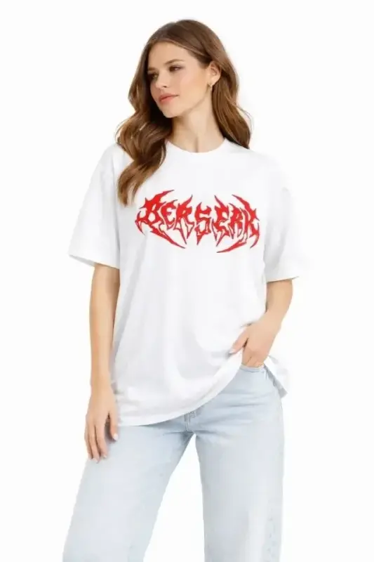 Baskılı T-Shirt Yazlık Kısa Kol Bisiklet Yaka Rahat Kalıp Tişört - Beyaz - 2