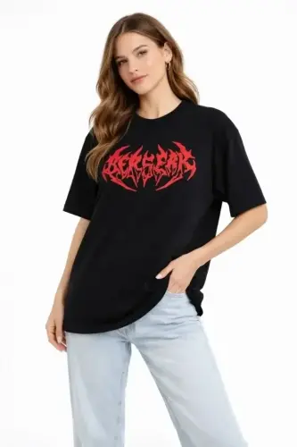 Baskılı T-Shirt Yazlık Kısa Kol Bisiklet Yaka Rahat Kalıp Tişört - Siyah - 3