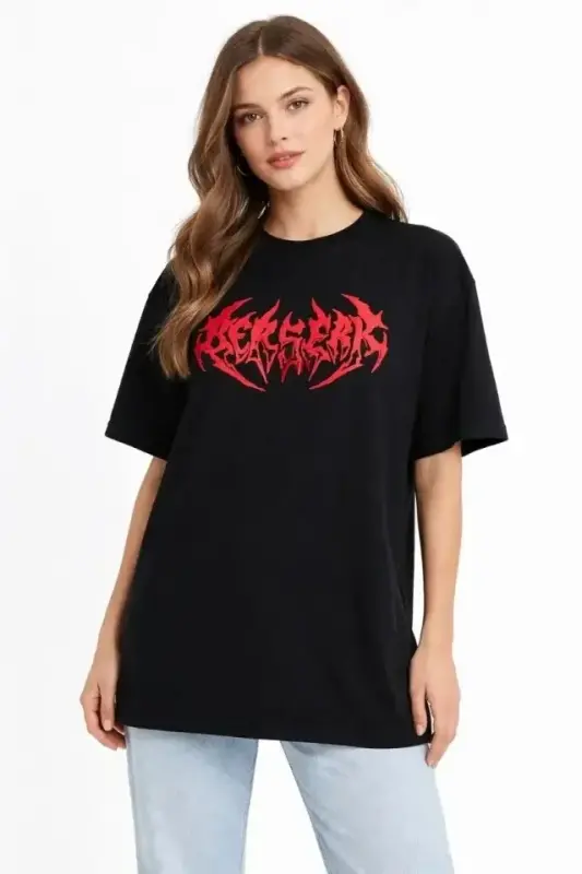 Baskılı T-Shirt Yazlık Kısa Kol Bisiklet Yaka Rahat Kalıp Tişört - Siyah - 4