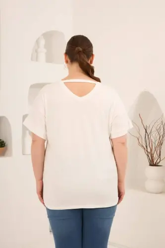 Baskılı Taş Detaylı Büyük Beden Tişört Ekru - BÜYÜKBEDENIZ (1)