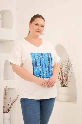 Baskılı Taş Detaylı Büyük Beden Tişört Ekru - 3