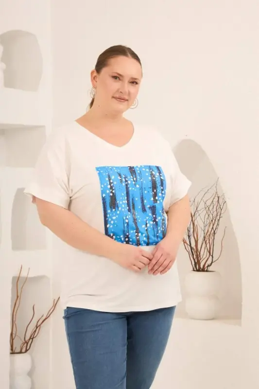 Baskılı Taş Detaylı Büyük Beden Tişört Ekru - 3