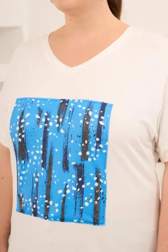 Baskılı Taş Detaylı Büyük Beden Tişört Ekru - 4