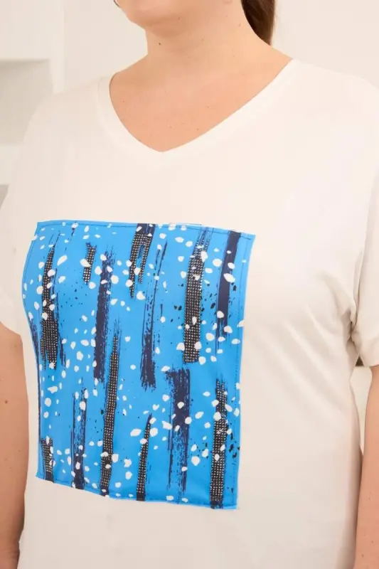 Baskılı Taş Detaylı Büyük Beden Tişört Ekru - 4