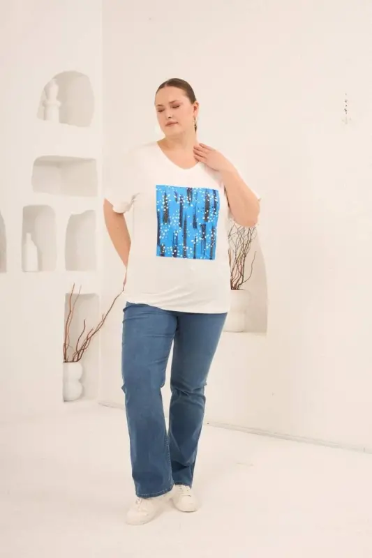 Baskılı Taş Detaylı Büyük Beden Tişört Ekru - 6